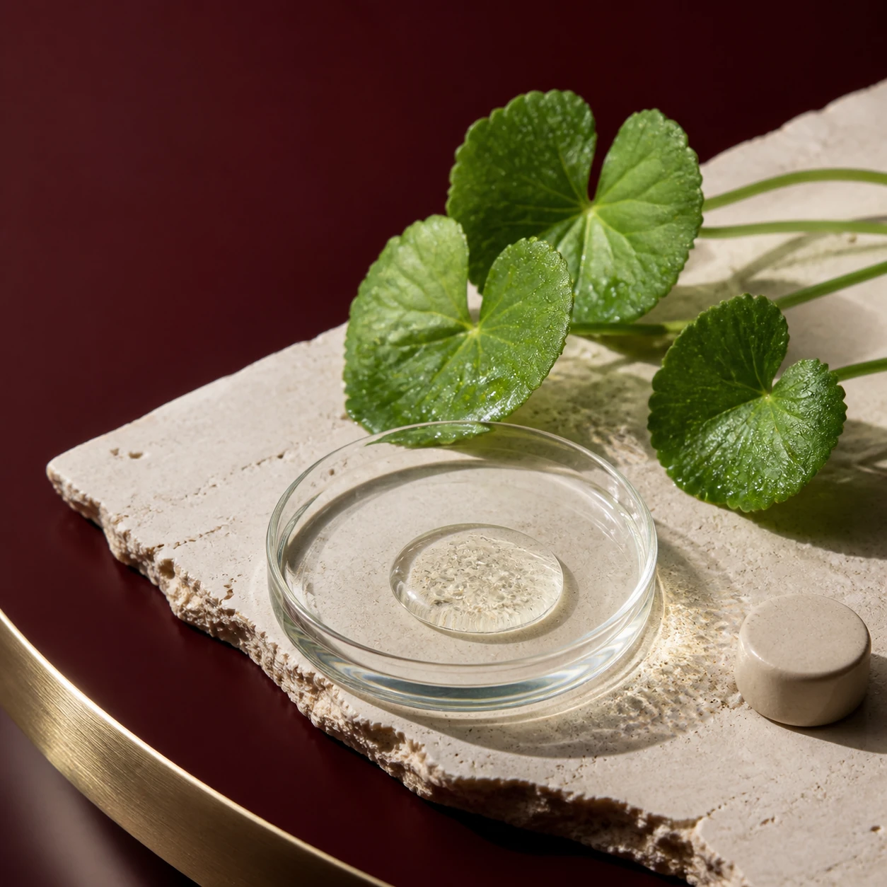 Centella asiatica leaves beside a glass dish